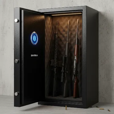 A Barska Biometric Rifle Safe with its door open, showing a few rifles inside and the fingerprint scanner on the door.