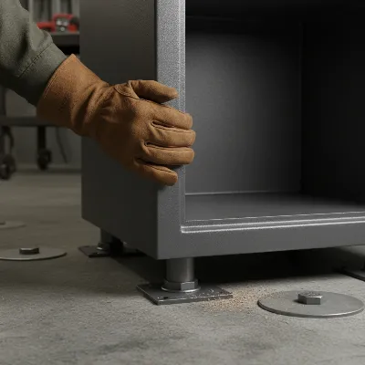 A close-up of a securely bolted down safe box on a concrete floor with a person testing its stability.