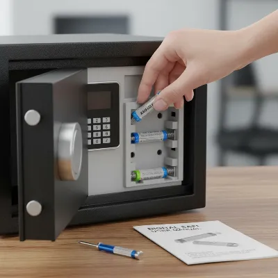 A hand replacing batteries in the compartment of a digital safe box, with other tools nearby.