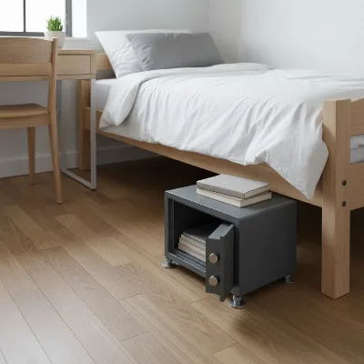 A compact steel safe box securely bolted to the floor in a tidy dorm room, with a laptop partially visible inside.