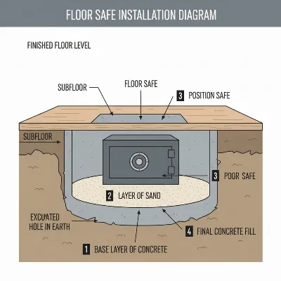 A detailed infographic illustrating the step-by-step installation of a floor safe into a concrete slab, showing layers of concrete, sand, and the safe itself.