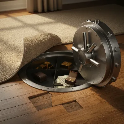An open floor safe hidden beneath a pulled-back carpet, revealing its robust metal interior and lock mechanism, in a discreet home setting.