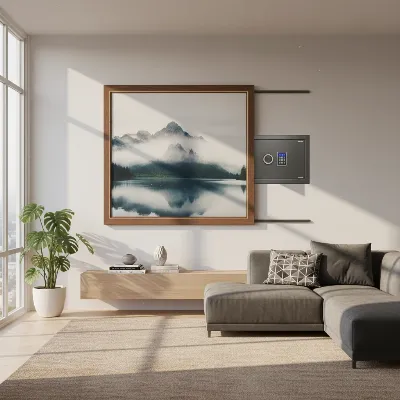 A hidden wall safe seamlessly integrated behind a large framed painting in a modern living room, emphasizing discreet security and home aesthetics.