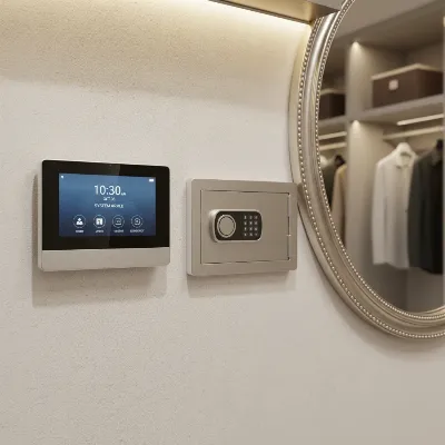 A modern home security control panel next to a discreetly hidden safe box, symbolizing integrated protection.