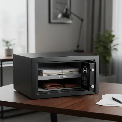 A compact Honeywell safe with a digital lock, illustrating its modern security features for home use.