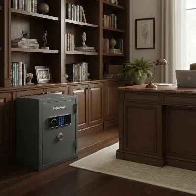 Honeywell fire and waterproof safe with digital lock in a home office setting
