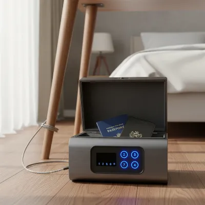A compact portable safe box with a tethering cable secured to a hotel room desk leg, containing a passport and smartphone.