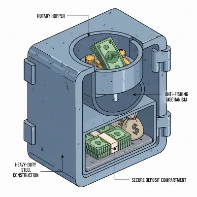 A detailed view of a rotary hopper drop safe mechanism, showing how cash is deposited.