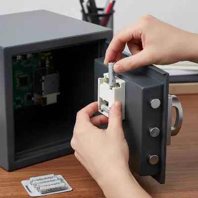 Hand replacing alkaline batteries in a digital safe, emphasizing regular maintenance.