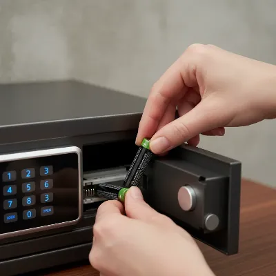 A close-up image of a person replacing batteries in an electronic safe's external compartment.