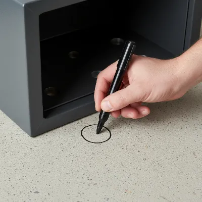 A person using a marker to mark drilling points through pre-drilled holes inside a safe box.