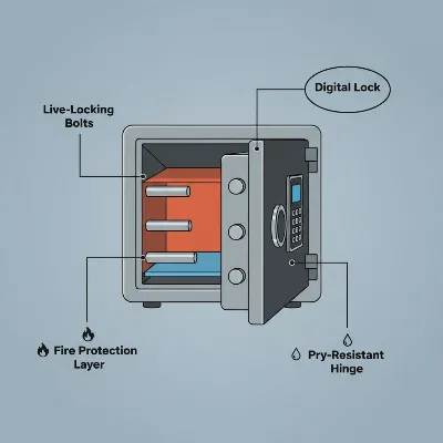 An infographic illustrating key features of a high-security safe box, including a digital keypad, live-locking bolts, pry-resistant hinge bar, fireproof insulation icon, and a waterproof seal icon.