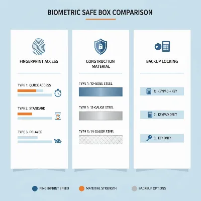 An infographic comparing key features of different biometric safe boxes, highlighting fingerprint speed, material, and backup options, clean and clear design