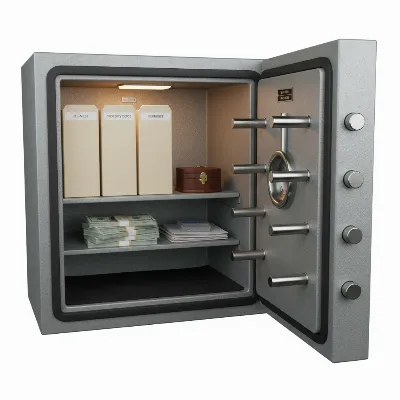 Interior of a waterproof fireproof safe box with organized documents and cash