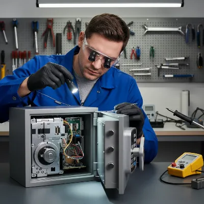 An expert technician performing maintenance on a safe box, checking its internal components.