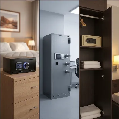 Composite image showcasing three distinct safe boxes: a compact home safe with an electronic keypad, a larger office safe with advanced electronic lock features, and a small, user-friendly hotel safe with a simple digital interface