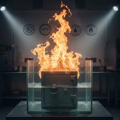 Waterproof fireproof safe box undergoing fire and water testing for documents and cash