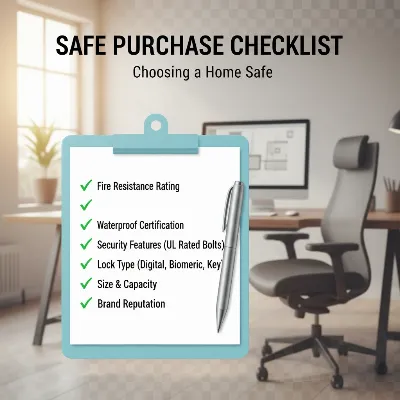 Illustration of a checklist for buying a fireproof safe, highlighting critical factors like fire ratings, water protection, and locking mechanisms.