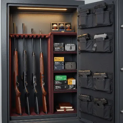Inside a modern gun safe, showcasing organized firearms, ammunition, and accessories.