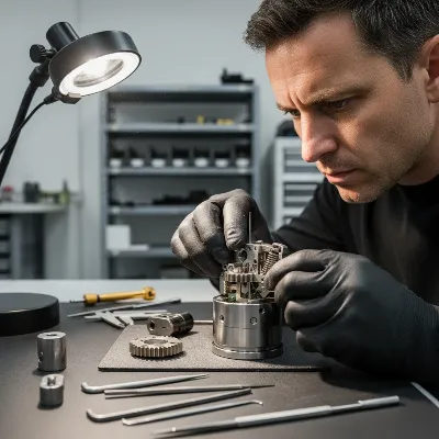 A professional safe technician using specialized tools to work on a complex safe lock mechanism.