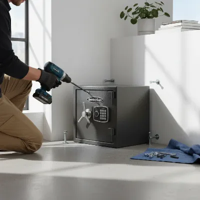 A secure SentrySafe SFW123GDC being bolted down to a floor in a discreet corner of a home, emphasizing secure installation against theft, with a blurred background of a modern living space.