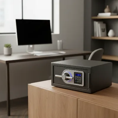 SentrySafe SFW123GDC digital safe, closed, in a modern home office setting, providing fire and water protection for documents and valuables.