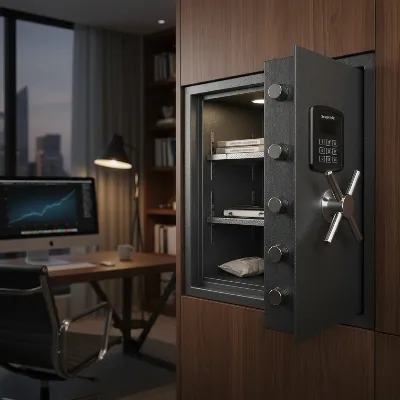 A SentrySafe home safe with its digital keypad and robust locking bolts visible, highlighting its security features.