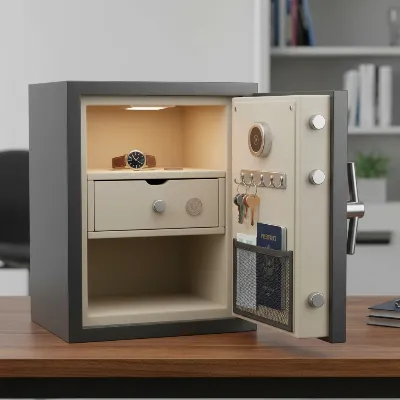 A detailed interior shot of the SentrySafe SFW123GDC, showcasing its adjustable locking drawer, key rack, door pocket, and integrated LED light, with some organized documents and small valuables inside.